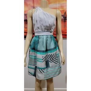 THREAD Social One Shoulder Gray, Green GEO Pattern Size 0 Pleated Dress NEW #01